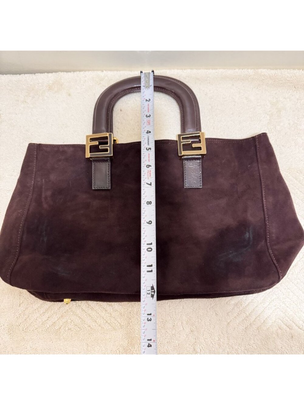 Vintage Fendi Brown Suede Leather Top Handle Tote Bag Gold FF Hardware Italy - Picture 12 of 15